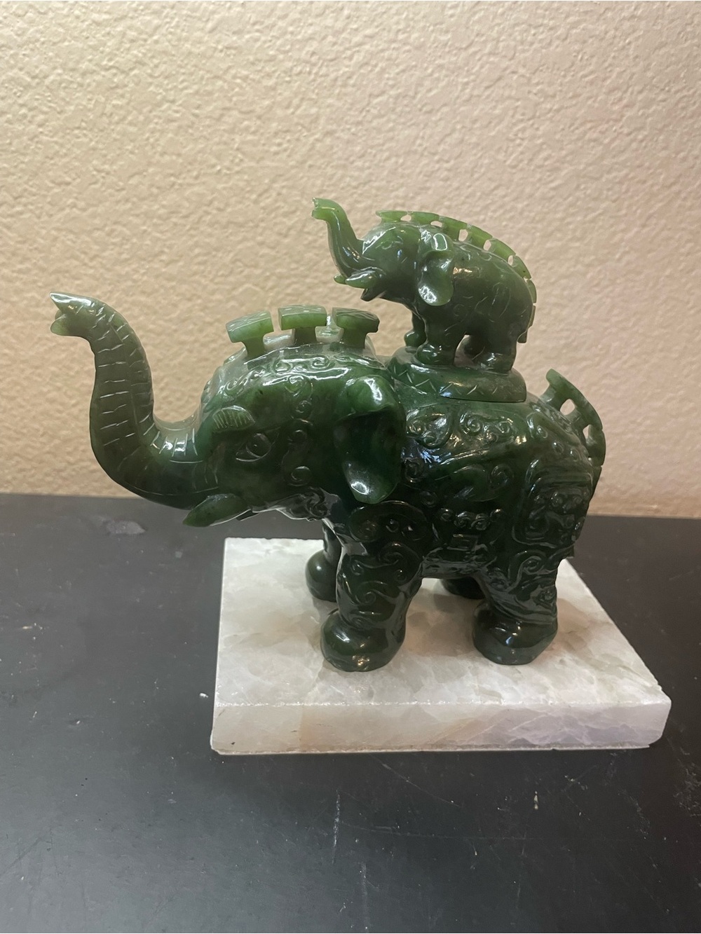 Exquisite Asian Carved Natural Jasper Jade 7” Trunk Up Elephant w/ Baby Elephant